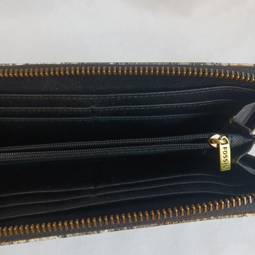 Fossil Zip Around Wallet Faux Leather Python Taupe Gray